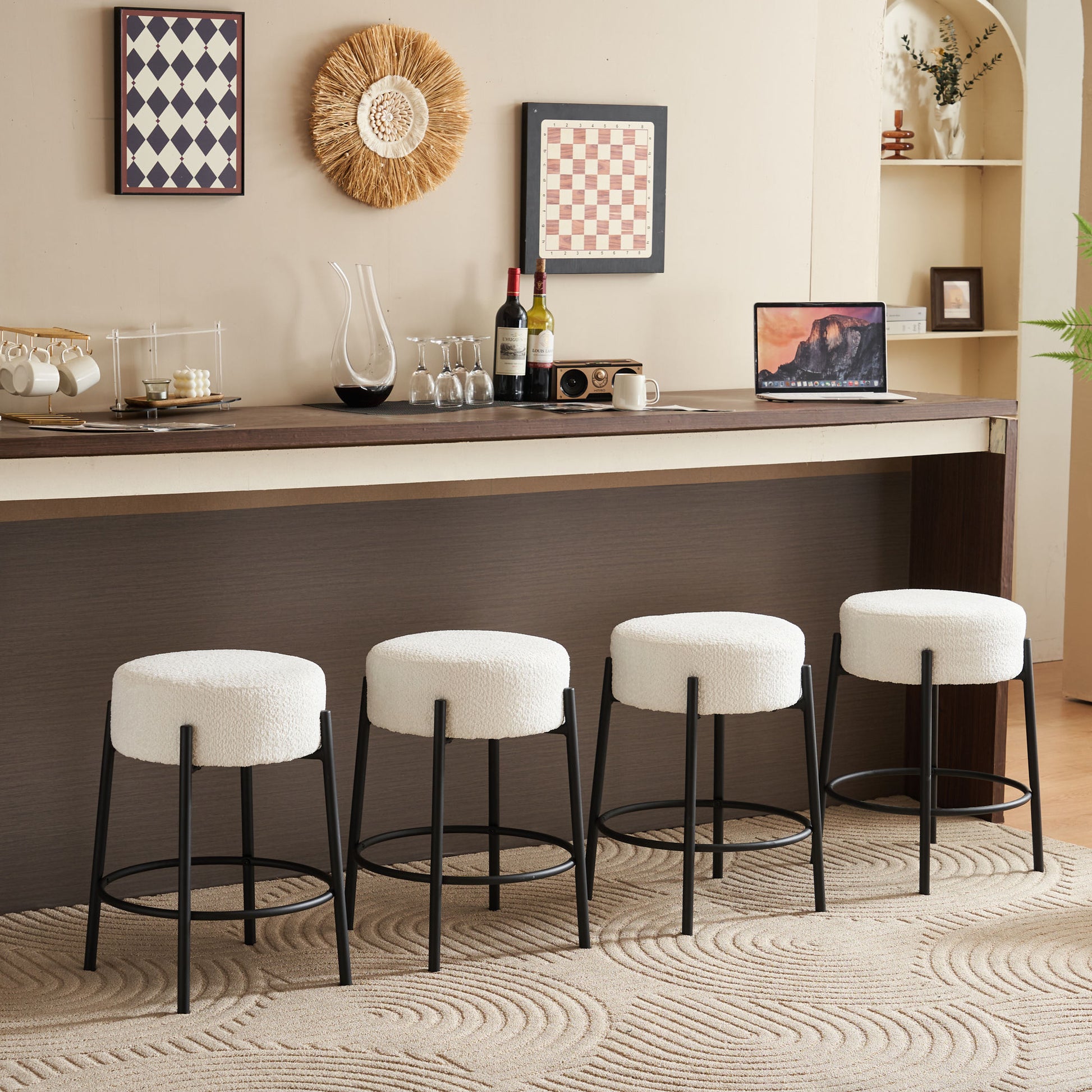 24" Tall, Round Bar Stools, Set Of 2 Contemporary Upholstered Dining Stools For Kitchens, Coffee Shops And Bar Stores Includes Sturdy Hardware Support Legs Beige Foam