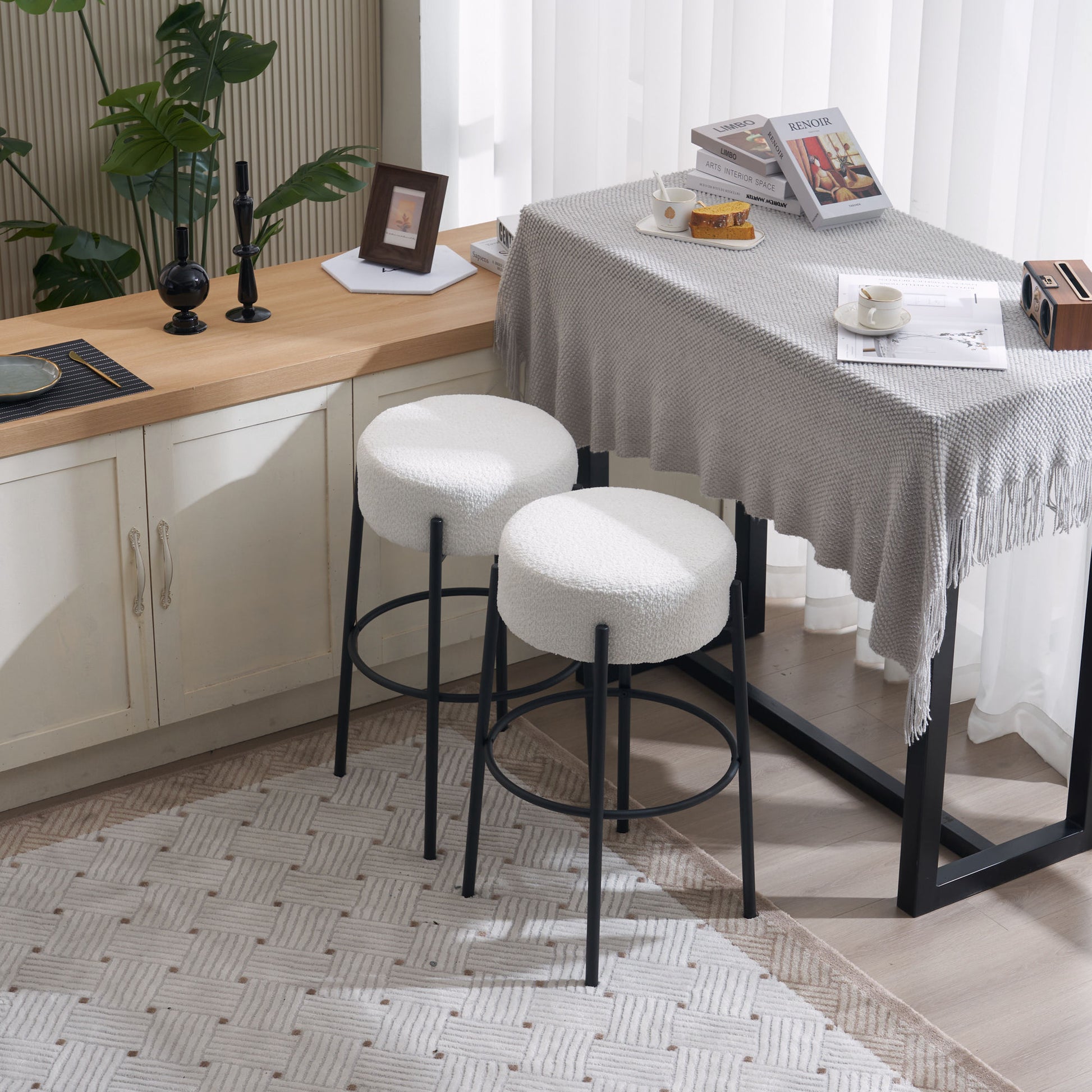 30" Tall, Round High Bar Stools, Set Of 2 Contemporary Upholstered Dining Stools For Kitchens, Coffee Shops And Bar Stores Includes Sturdy Hardware Support Legs Beige Foam