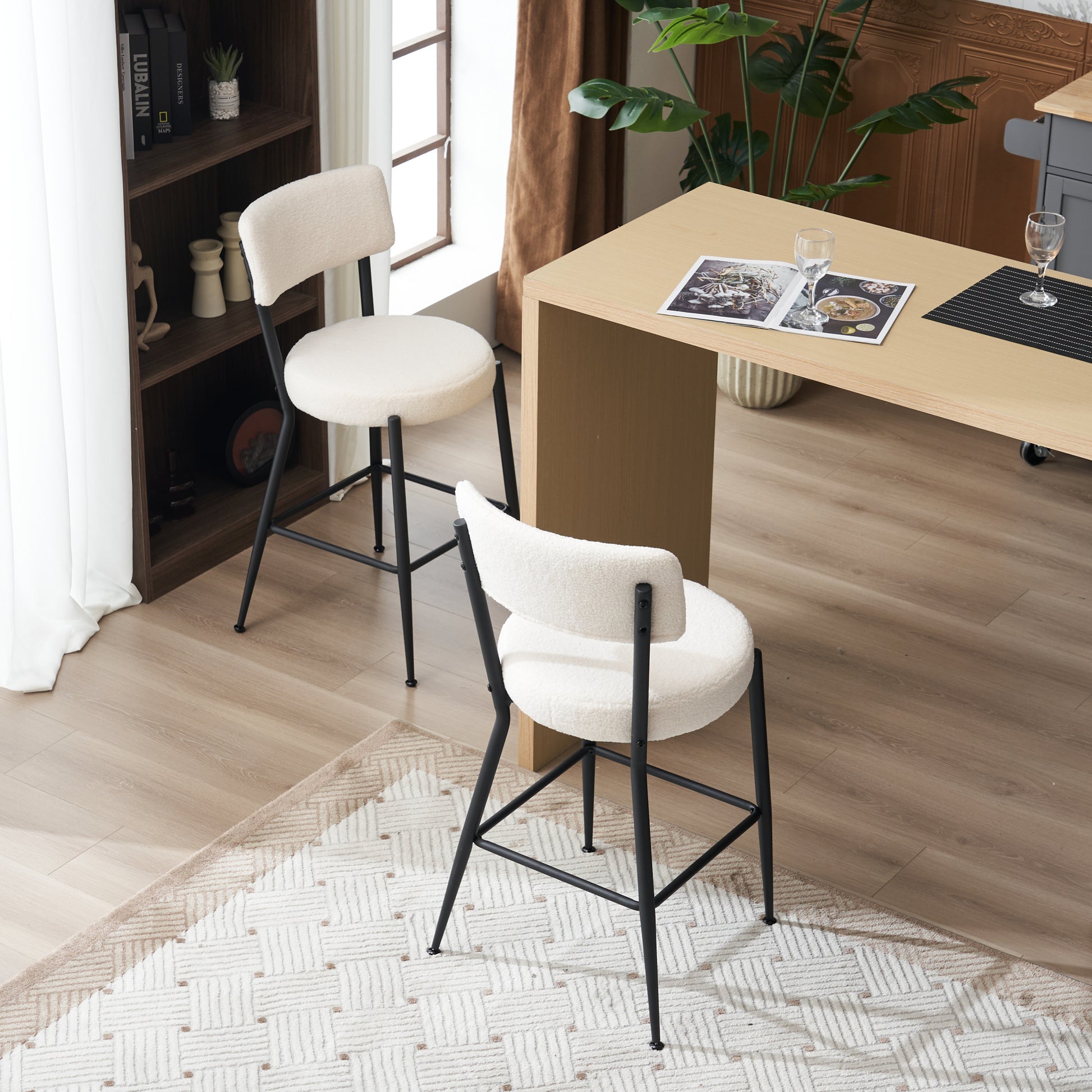 Set Of 4 Modern Teddy Fabric Upholstered Bar Stools Metal Base High Stool Suitable For Kitchen, Dining And Living Room Beige Stylish And Comfortable Island Seating Beige Metal