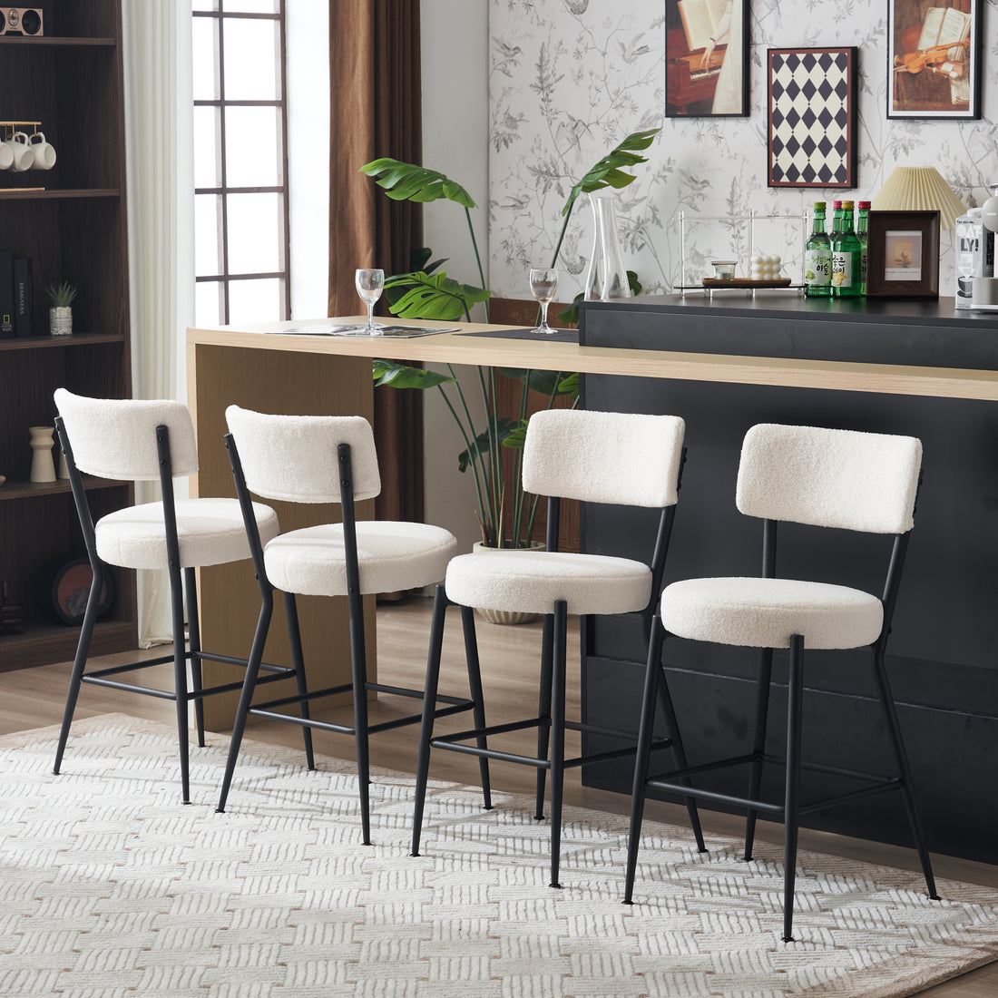 Set Of 4 Modern Teddy Fabric Upholstered Bar Stools Metal Base High Stool Suitable For Kitchen, Dining And Living Room Beige Stylish And Comfortable Island Seating Beige Metal