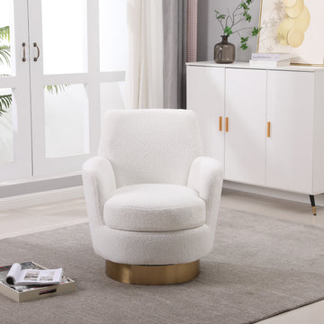 Teddy Swivel Barrel Chair, Swivel Accent Chairs Armchair For Living Room, Reading Chairs For Bedroom Comfy, Round Barrel Chairs With Gold Stainless Steel Base Ivory Ivory Primary Living Space American Design Foam Faux Fur