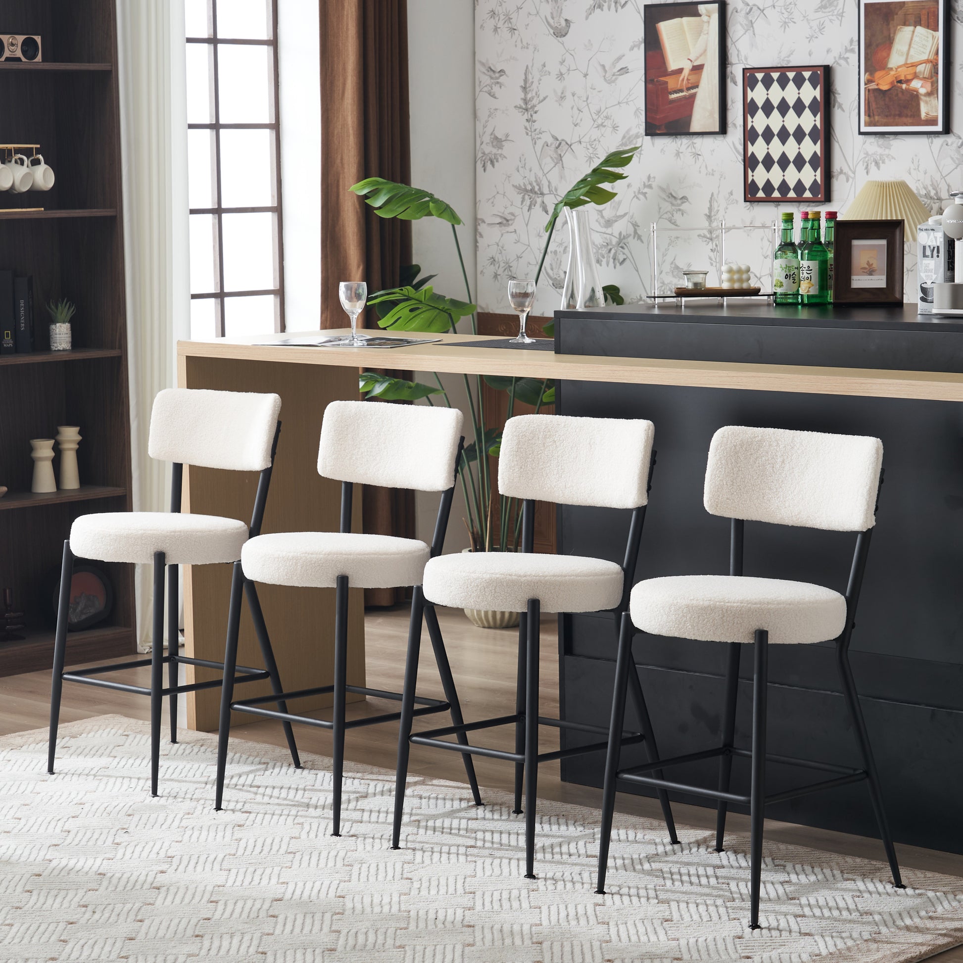 Set Of 4 Modern Teddy Fabric Upholstered Bar Stools Metal Base High Stool Suitable For Kitchen, Dining And Living Room Beige Stylish And Comfortable Island Seating Beige Metal