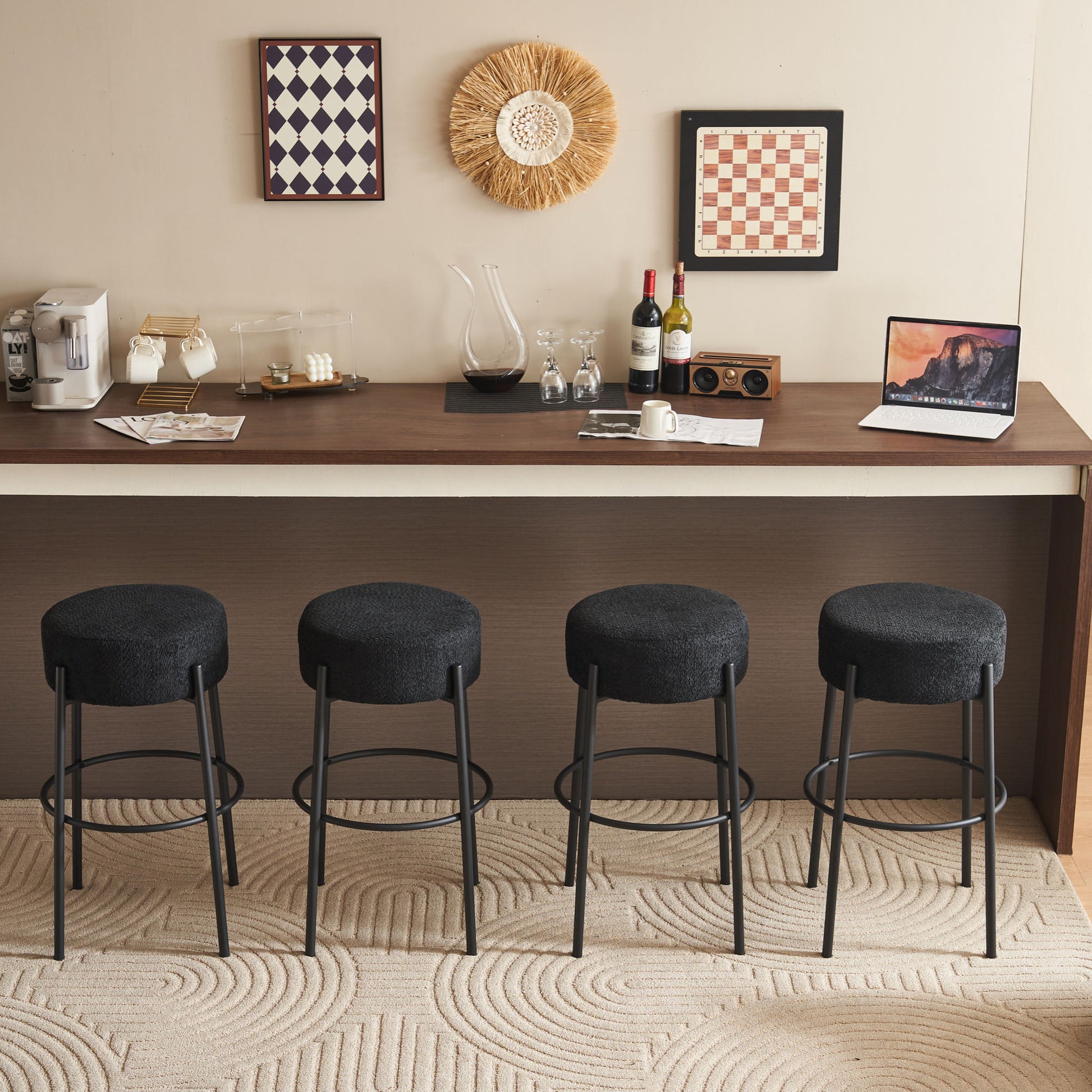 30" Tall, Round High Bar Stools, Set Of 2 Contemporary Upholstered Dining Stools For Kitchens, Coffee Shops And Bar Stores Includes Sturdy Hardware Support Legs Black Foam