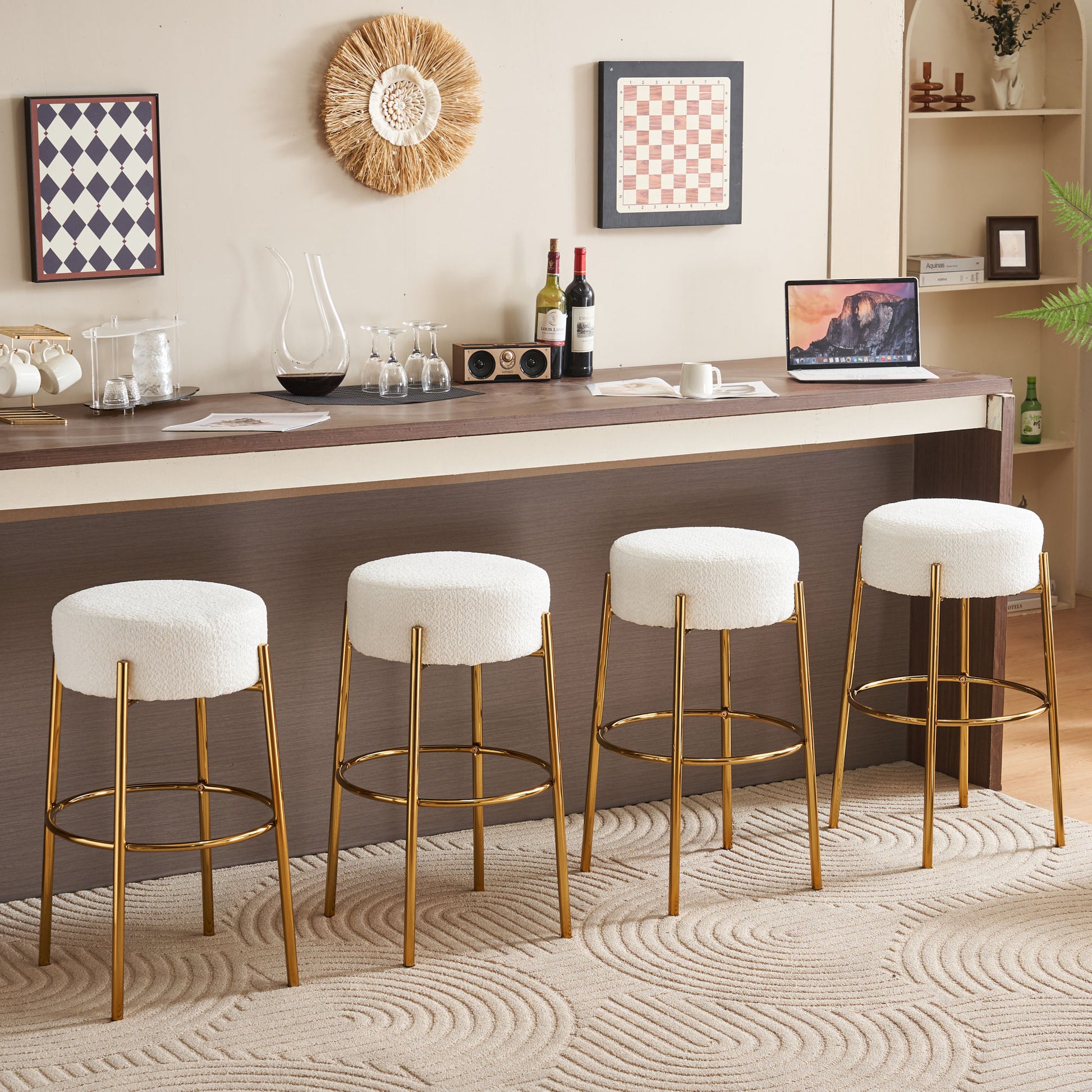 30" Tall, Round High Bar Stools, Set Of 2 Contemporary Upholstered Dining Stools For Kitchens, Coffee Shops And Bar Stores Includes Sturdy Hardware Support Legs Beige Foam