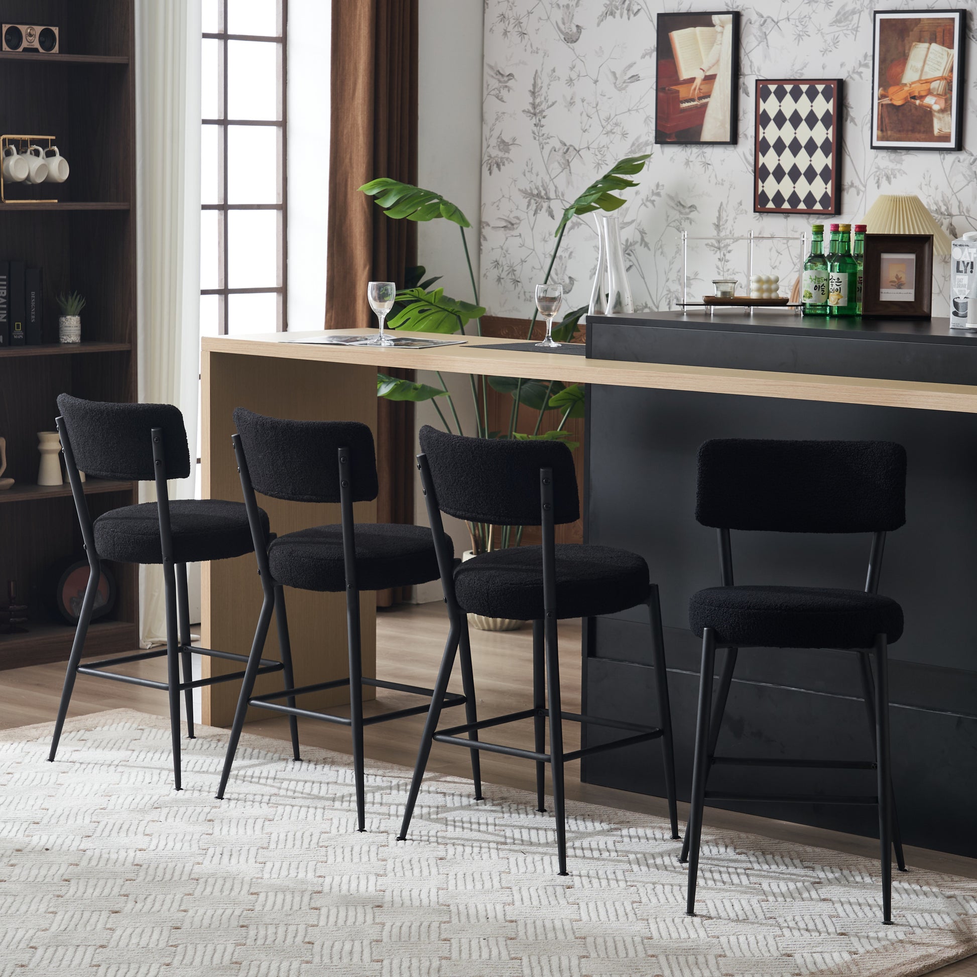 Set Of 4 Modern Teddy Fabric Upholstered Bar Stools Metal Base High Stool Suitable For Kitchen, Dining And Living Room Black Stylish And Comfortable Island Seating Black Metal