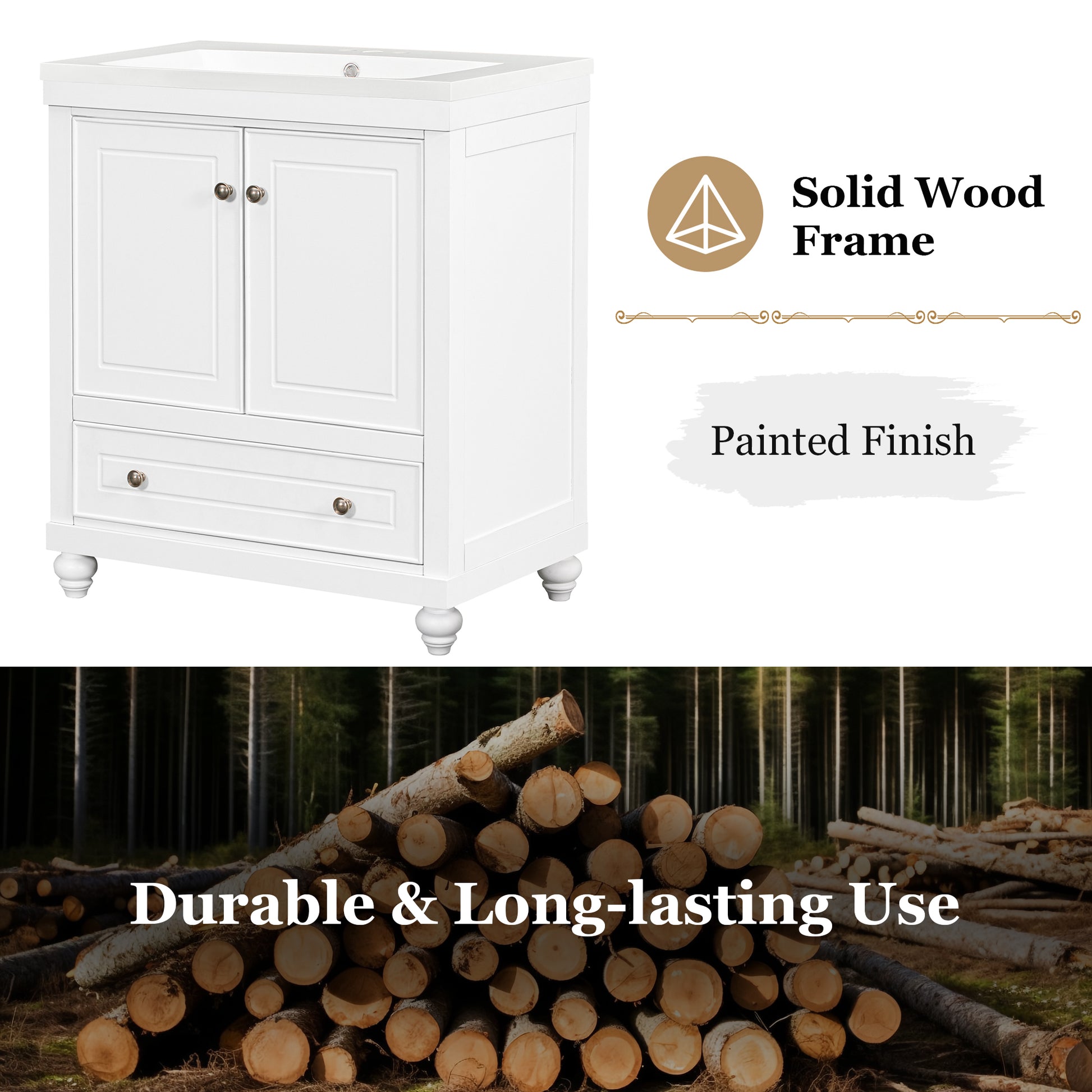 30" Bathroom Vanity Without Sink, Base Only, Cabinet With Doors And Drawer, Solid Frame And Mdf Board, White White Solid Wood Mdf