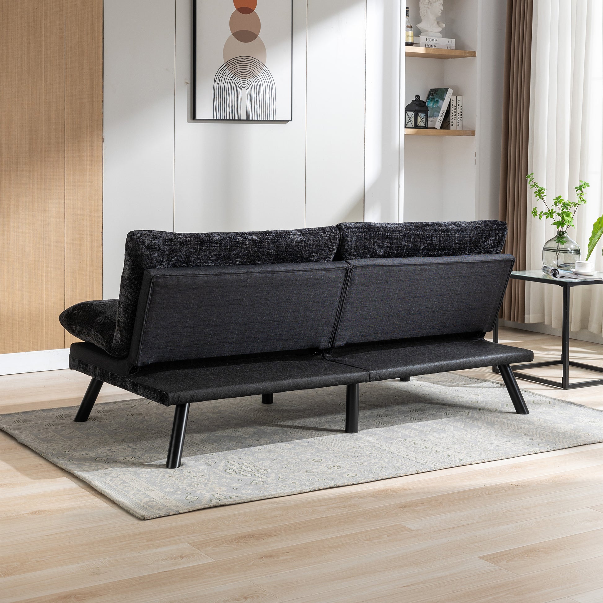Convertible Sofa Bed Loveseat Futon Bedadjustable Lounge Couch With Metal Legs,Futon Sets For Compact Living Space Chenille Black Upholstered