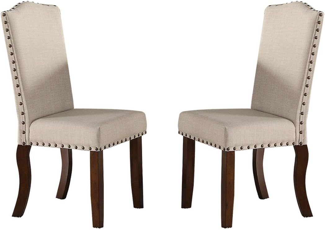 Classic Cream Upholstered Cushion Chairs Set Of 2Pc Dining Chair Nailheads Solid Wood Legs Dining Room Cream Brown Dining Room Classic,Modern Dining Chairs Rubberwood Solid Back Solid Wood