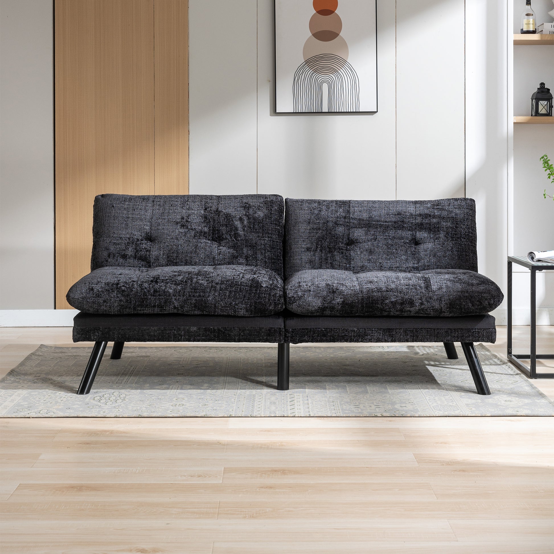 Convertible Sofa Bed Loveseat Futon Bedadjustable Lounge Couch With Metal Legs,Futon Sets For Compact Living Space Chenille Black Upholstered