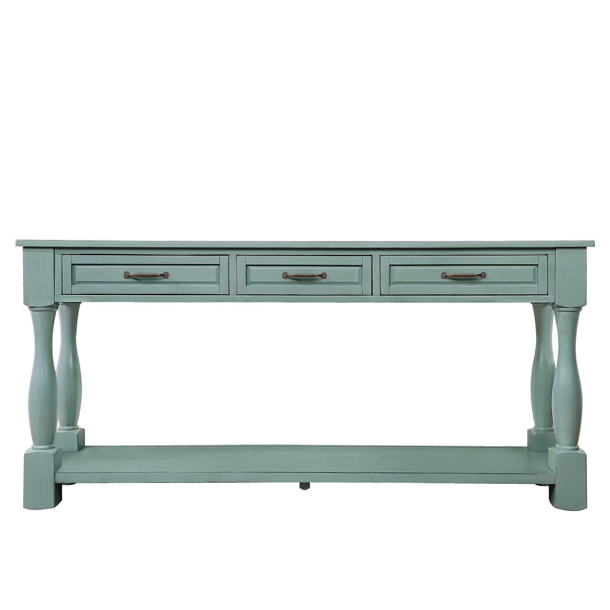 63Inch Long Wood Console Table With 3 Drawers And 1 Bottom Shelf For Entryway Hallway Easy Assembly Extra Thick Sofa Table Retro Blue Retro Blue Distressed Finish Primary Living Space American Design Pine Drawers Console Tables Pine