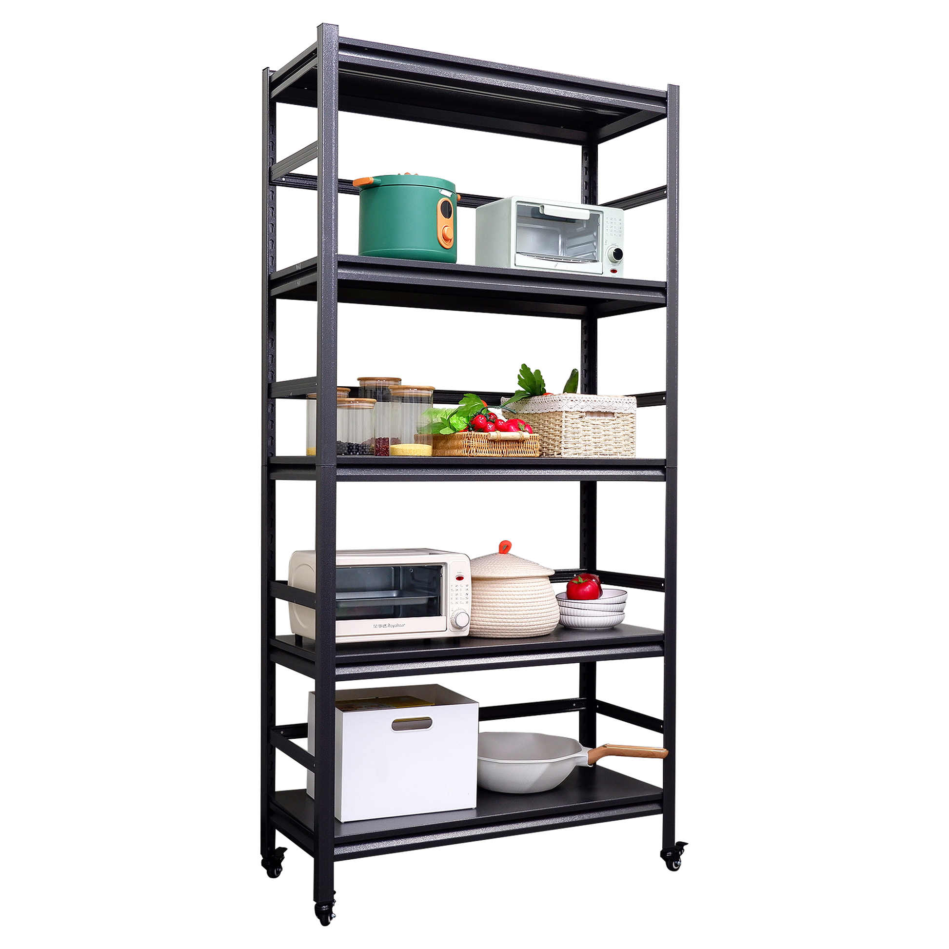 72"H Heavy Duty Storage Shelves Adjustable 5 Tier Metal Shelving Unit With Wheels For 1750Lbs Load Kitchen, Garage, Pantry, And More 5 Black Standard Vertical Kitchen Open Back Metal Antique Adjustable Shelves Metal Metal