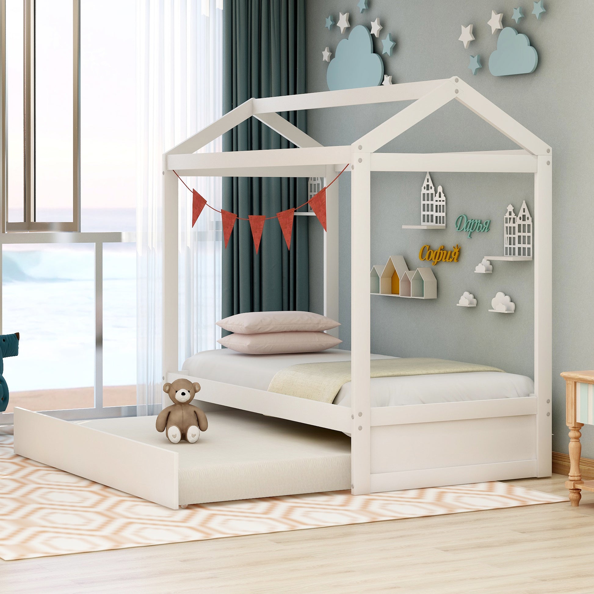 House Bed With Trundle, Can Be Decorated,White Old Sku:Sm000103Aak White Pine