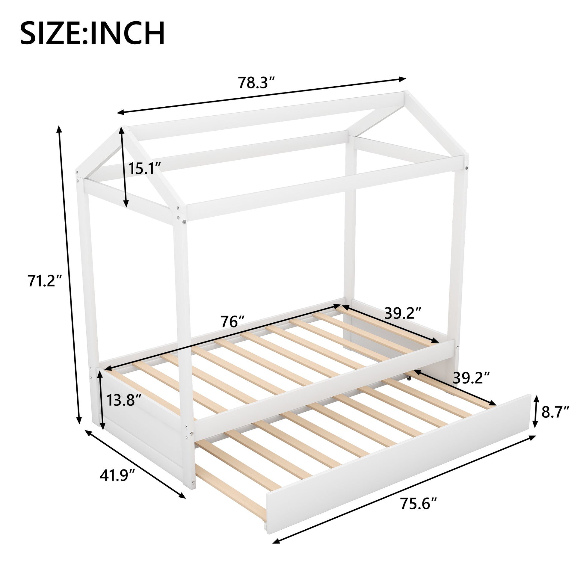 House Bed With Trundle, Can Be Decorated,White Old Sku:Sm000103Aak White Pine