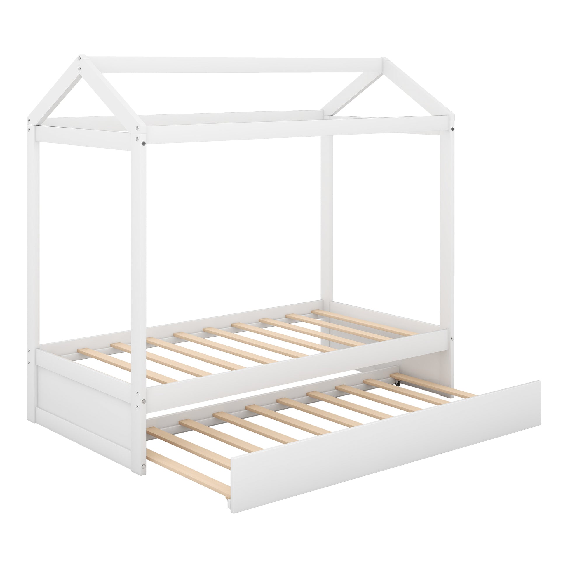 House Bed With Trundle, Can Be Decorated,White Old Sku:Sm000103Aak White Pine
