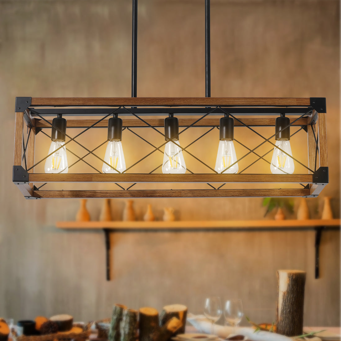5 Light Retro Farmhouse Chandelier For Kitchen, Living Room, Dining Room Walnut No Bulbs Sku:W1340P206643 Walnut Black Ceiling Lights Farmhouse Iron