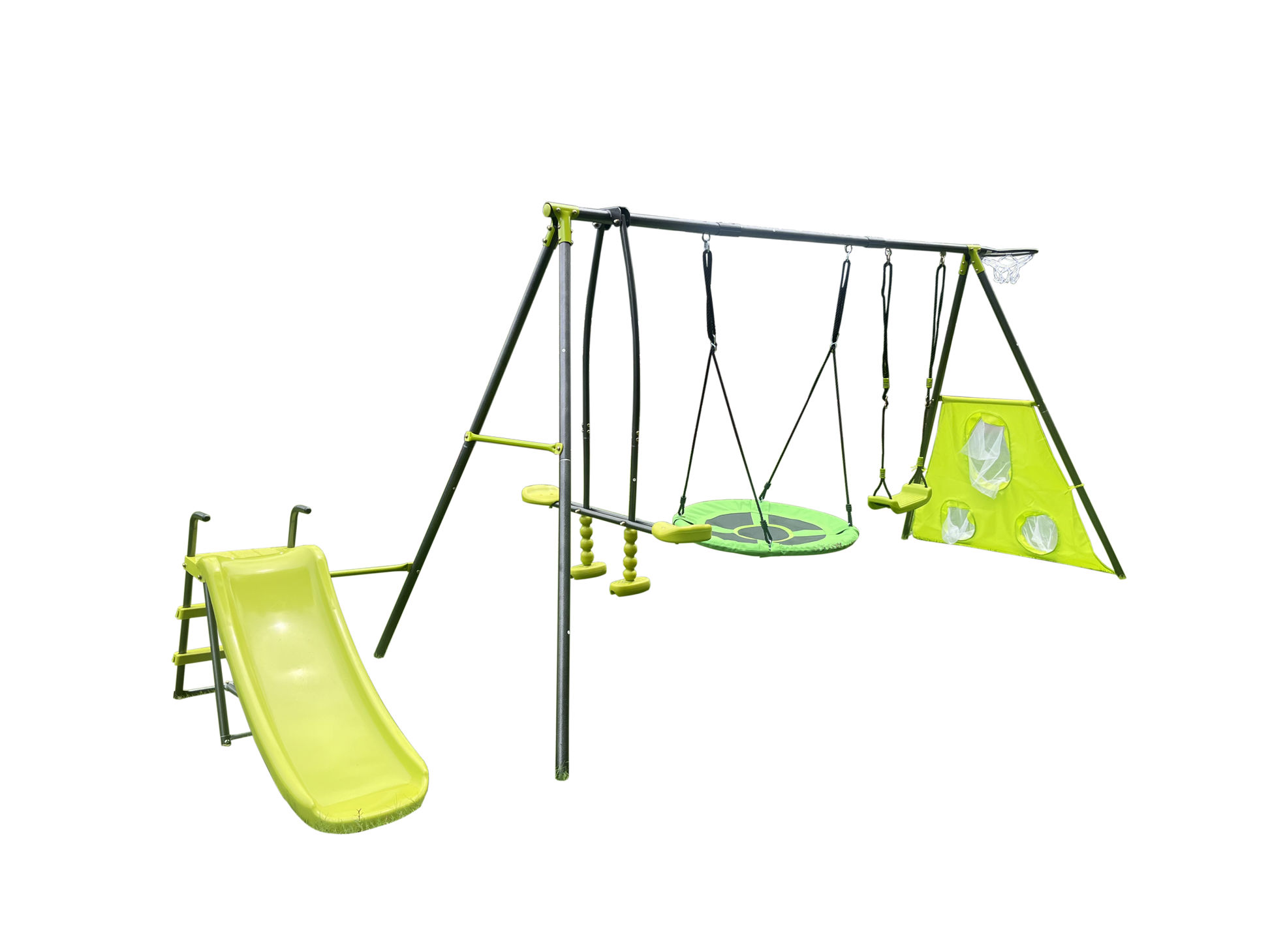 Xns052 Green And Blue Interesting Six Function Swingset With Net Swing Metal Plastic Safe Swing Set 440Lbs For Outdoor Playground For Age 3 With 31.5In Net Swing Green Steel