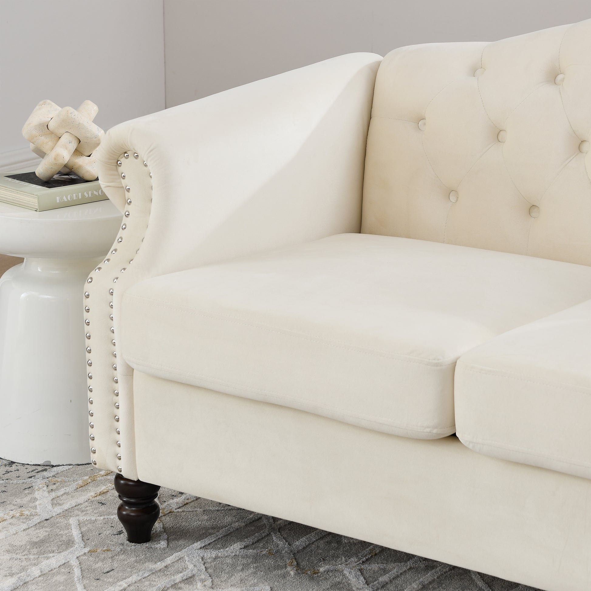 57" Chesterfield Sofa Grey Velvet For Living Room, 2 Seater Sofa Tufted Couch With Rolled Arms And For Living Room, Bedroom, Office, Apartment, Two Pillowsw834S00074 Beige Foam Velvet 2 Seat