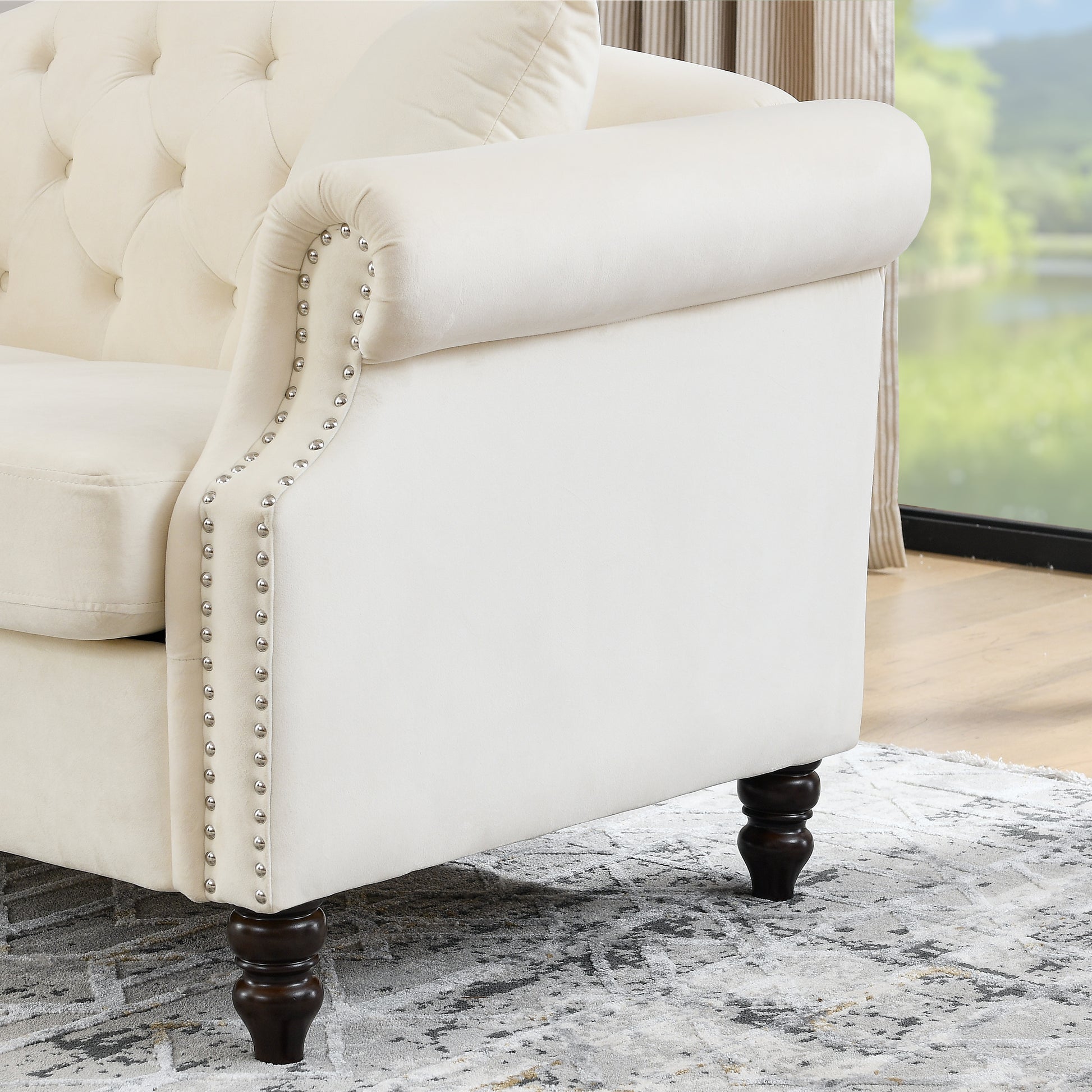 57" Chesterfield Sofa Grey Velvet For Living Room, 2 Seater Sofa Tufted Couch With Rolled Arms And For Living Room, Bedroom, Office, Apartment, Two Pillowsw834S00074 Beige Foam Velvet 2 Seat