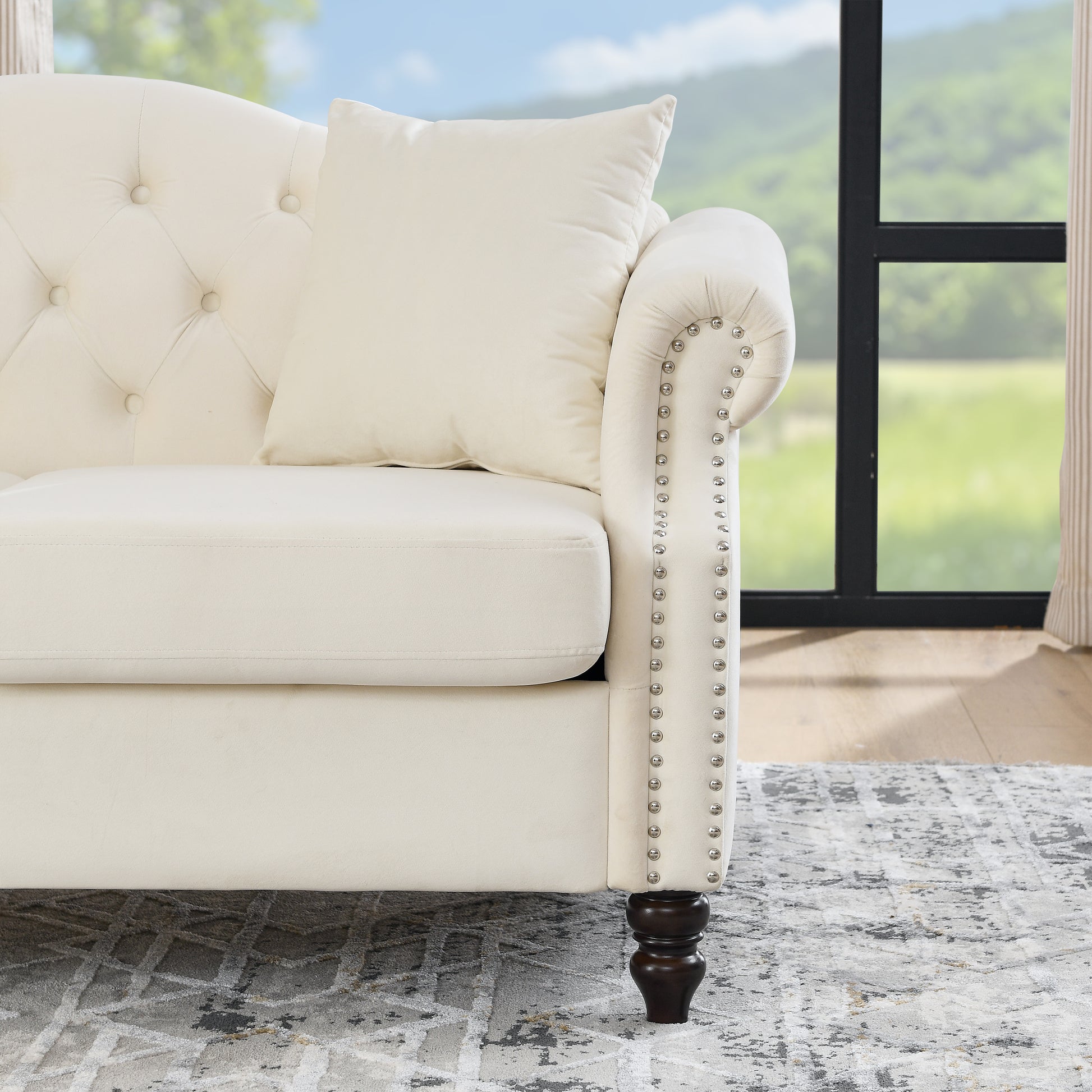 57" Chesterfield Sofa Grey Velvet For Living Room, 2 Seater Sofa Tufted Couch With Rolled Arms And For Living Room, Bedroom, Office, Apartment, Two Pillowsw834S00074 Beige Foam Velvet 2 Seat