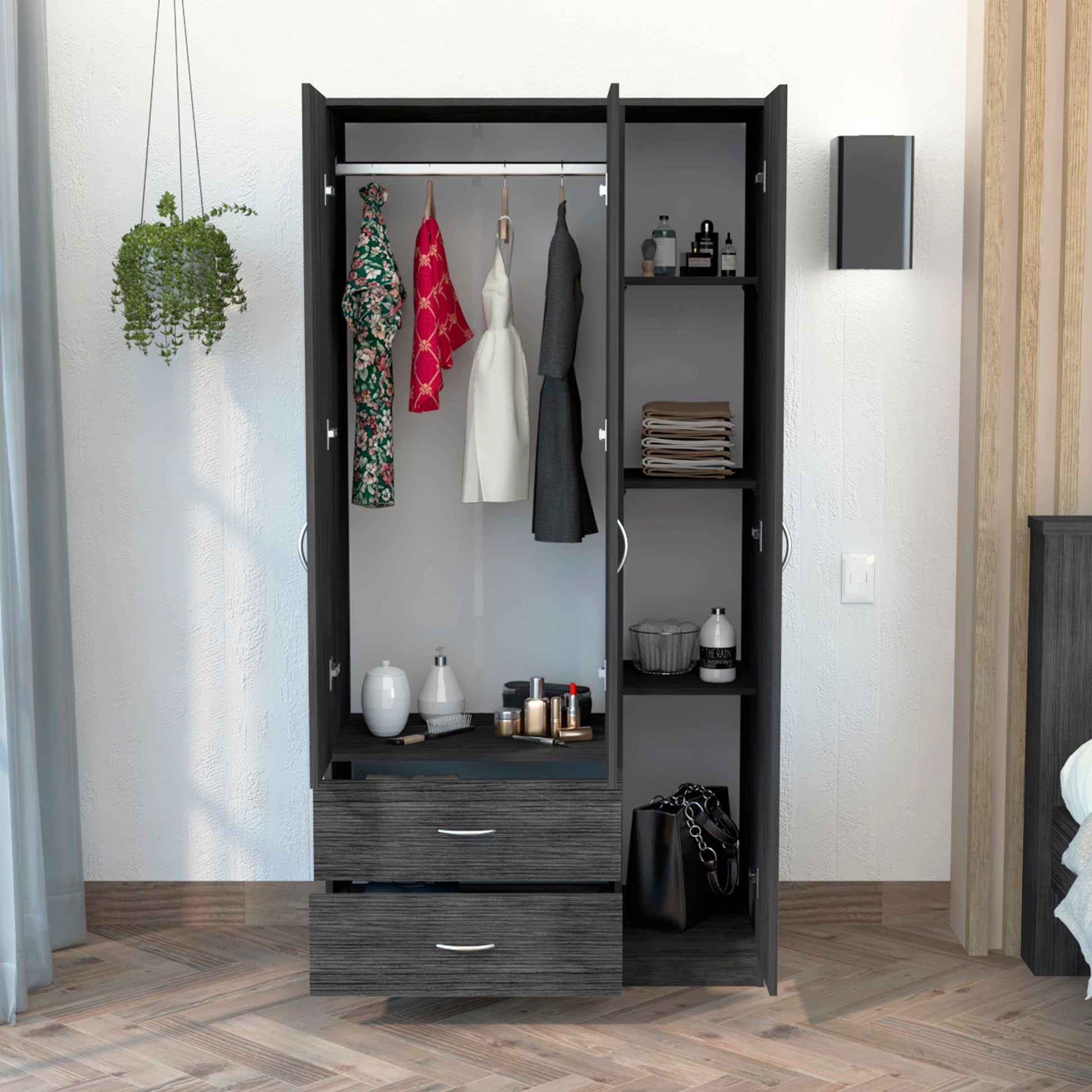 Austral 3 Door Armoire With Two Drawers, Shelves, And Hanging Rod Smokey Oak . White Smoke Grey Gray Bedroom Modern Particle Board