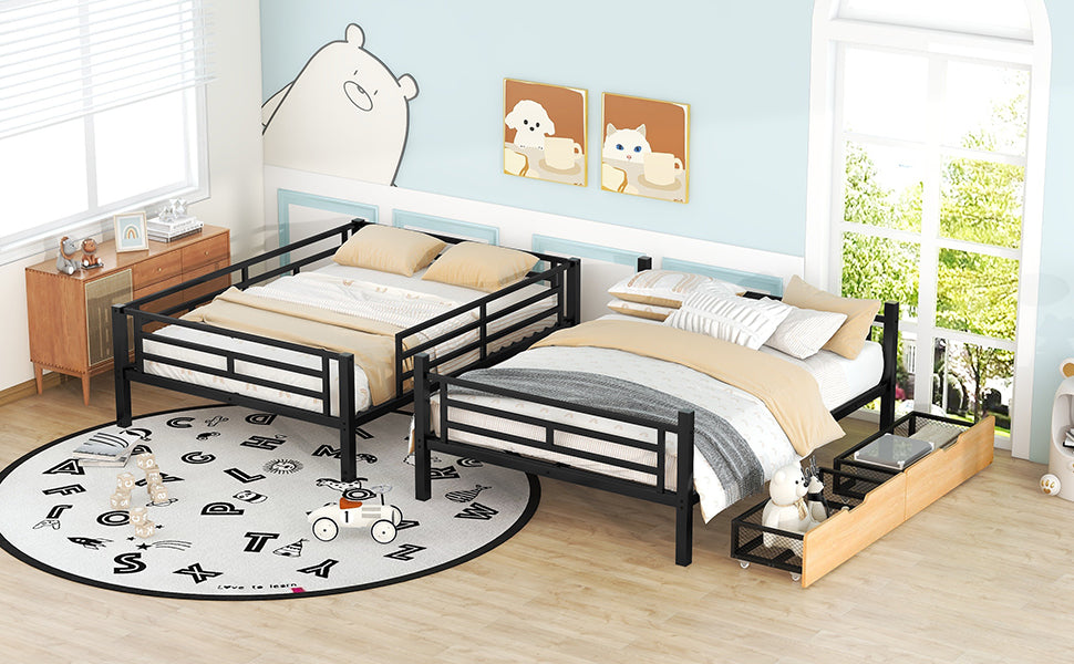 Metal Full Size Convertible Bunk Bed With 2 Drawers, Black Box Spring Not Required Full Black Metal Bedroom Bed Frame Metal & Wood