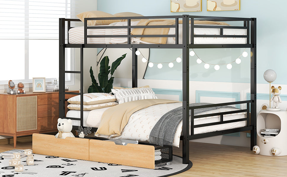 Metal Full Size Convertible Bunk Bed With 2 Drawers, Black Box Spring Not Required Full Black Metal Bedroom Bed Frame Metal & Wood