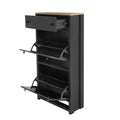 Functional Entryway Organizer With 2 Flip Drawers, Wood Grain Pattern Top Shoe Cabinet With Drawer, Free Standing Shoe Rack With Adjustable Panel For Hallway, Black Freestanding 3 4 Drawers Black