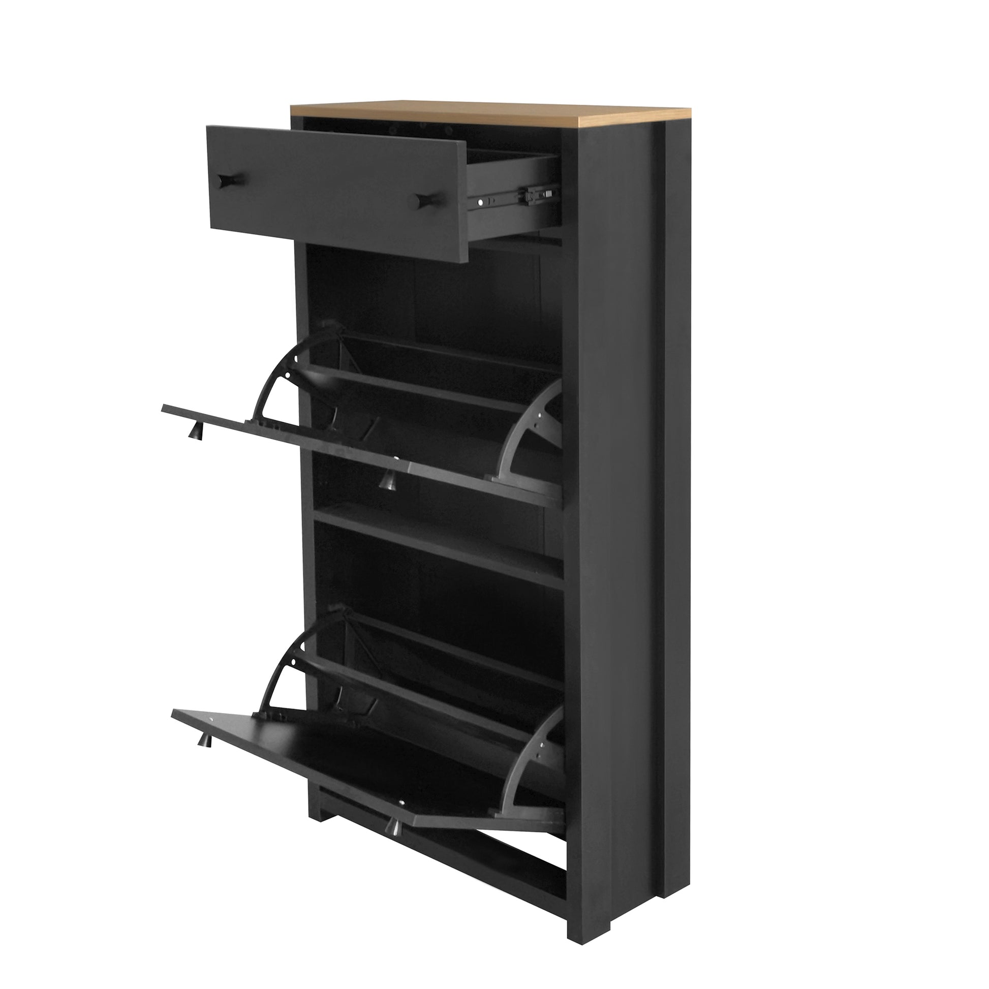 Functional Entryway Organizer With 2 Flip Drawers, Wood Grain Pattern Top Shoe Cabinet With Drawer, Free Standing Shoe Rack With Adjustable Panel For Hallway, Black Freestanding 3 4 Drawers Black
