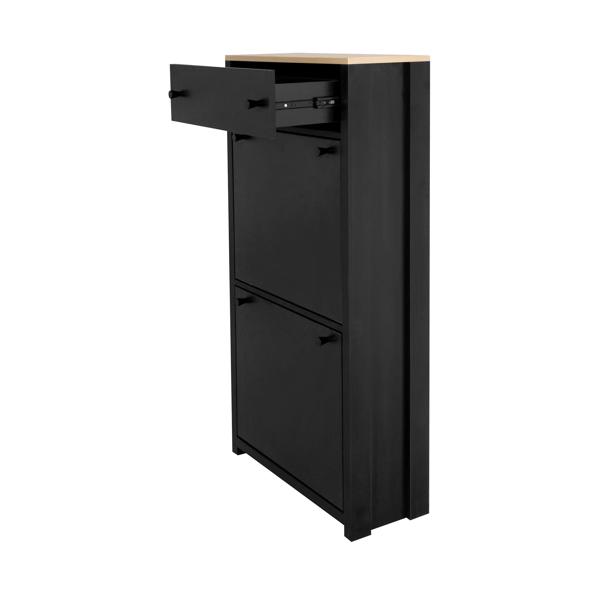 Functional Entryway Organizer With 2 Flip Drawers, Wood Grain Pattern Top Shoe Cabinet With Drawer, Free Standing Shoe Rack With Adjustable Panel For Hallway, Black Freestanding 3 4 Drawers Black