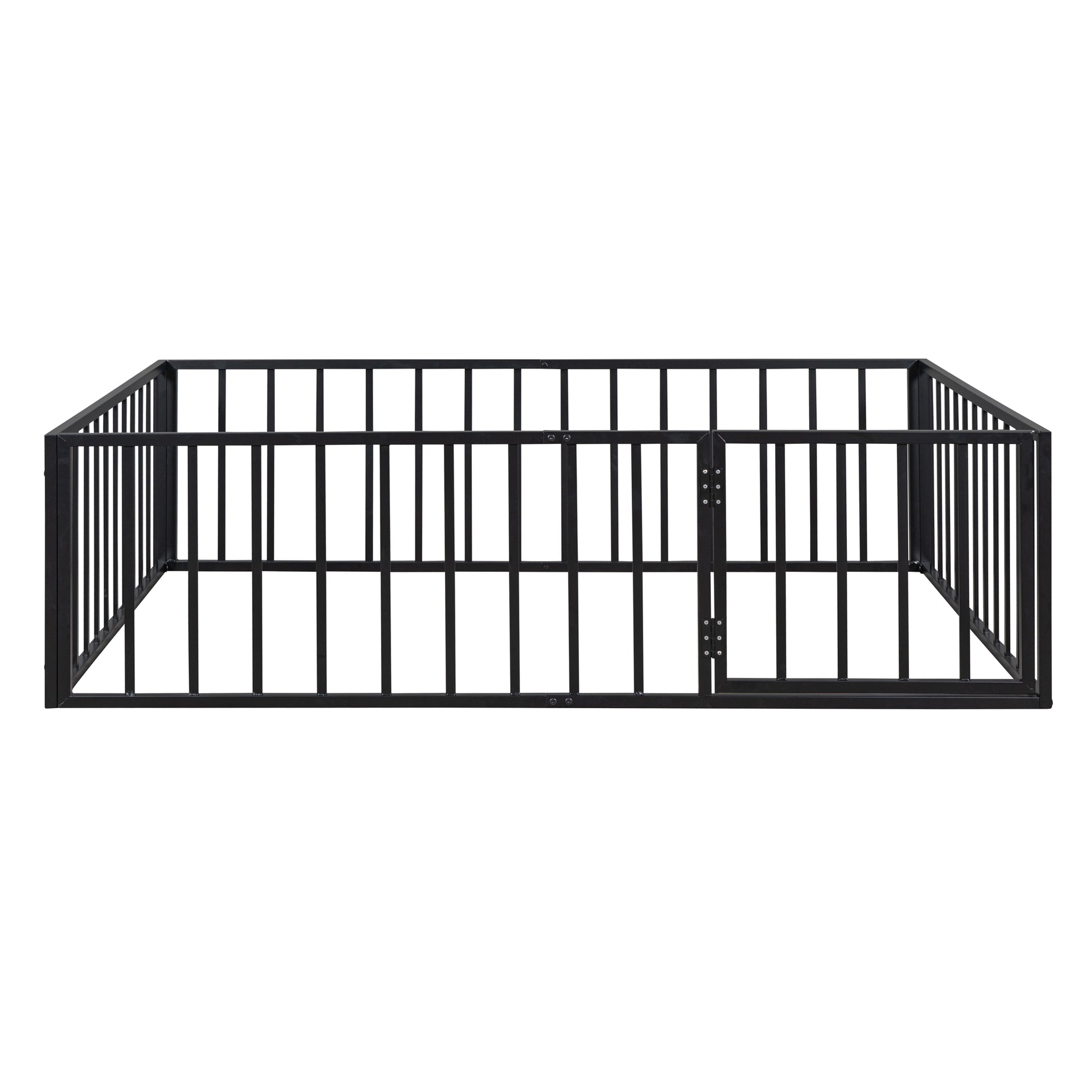 Full Size Metal Floor Bed Frame With Fence And Door, Black Black Metal