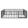 Full Size Metal Floor Bed Frame With Fence And Door, Black Black Metal