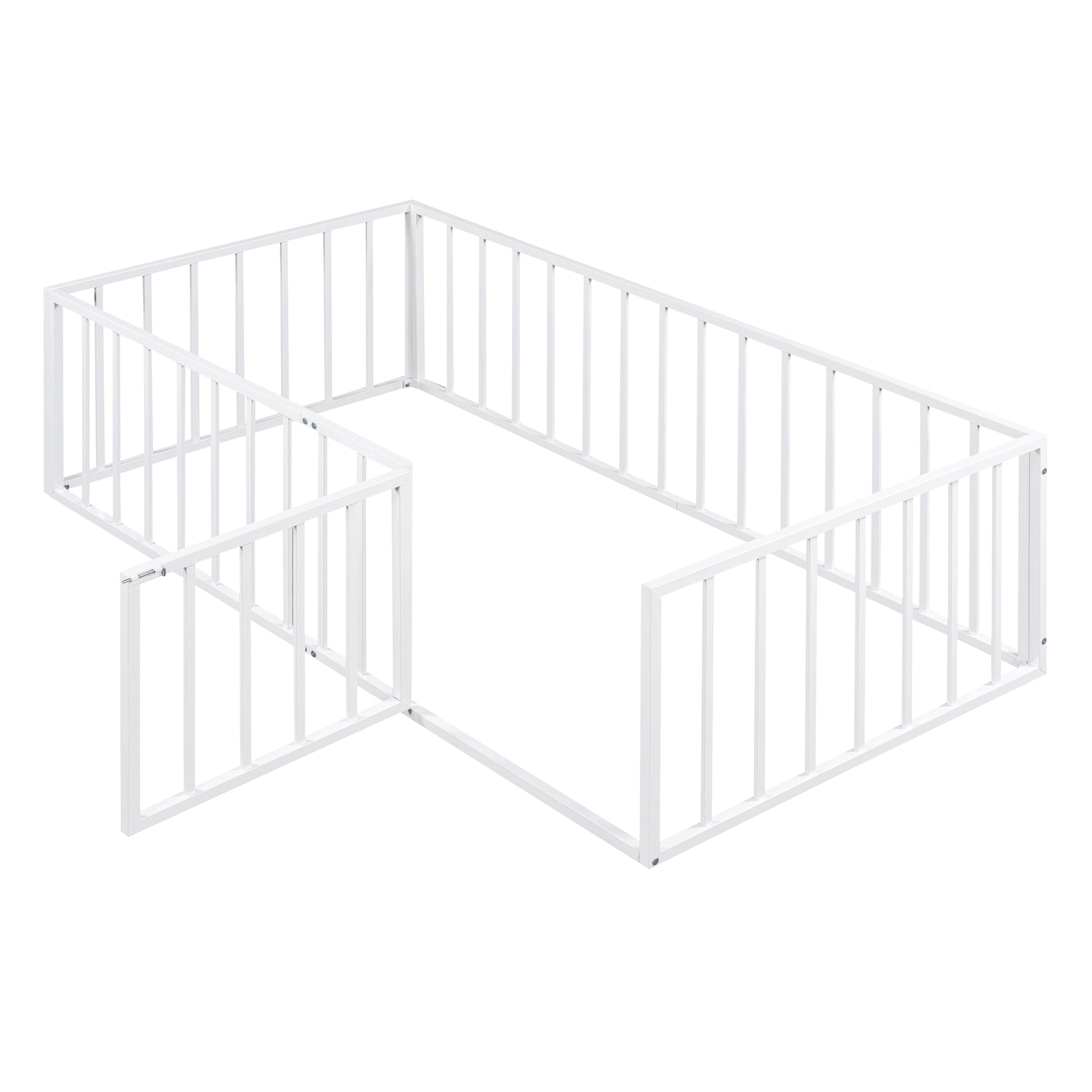 Twin Size Metal Floor Bed Frame With Fence And Door, White White Metal