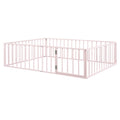 Queen Size Metal Floor Bed Frame With Fence And Door, Pink Pink Metal