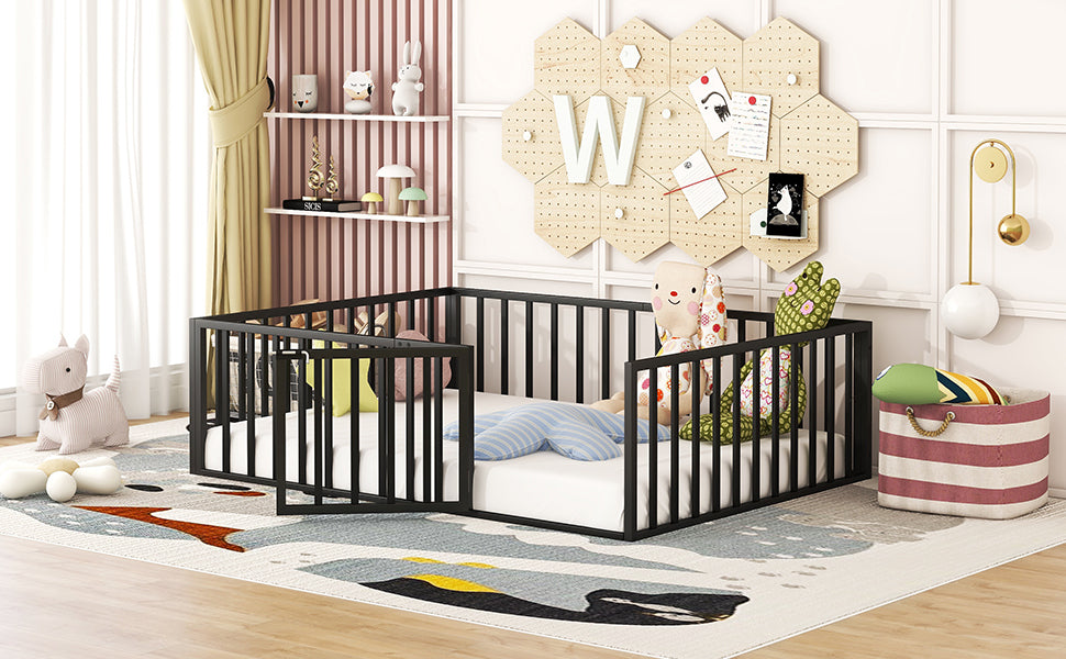 Full Size Metal Floor Bed Frame With Fence And Door, Black Black Metal