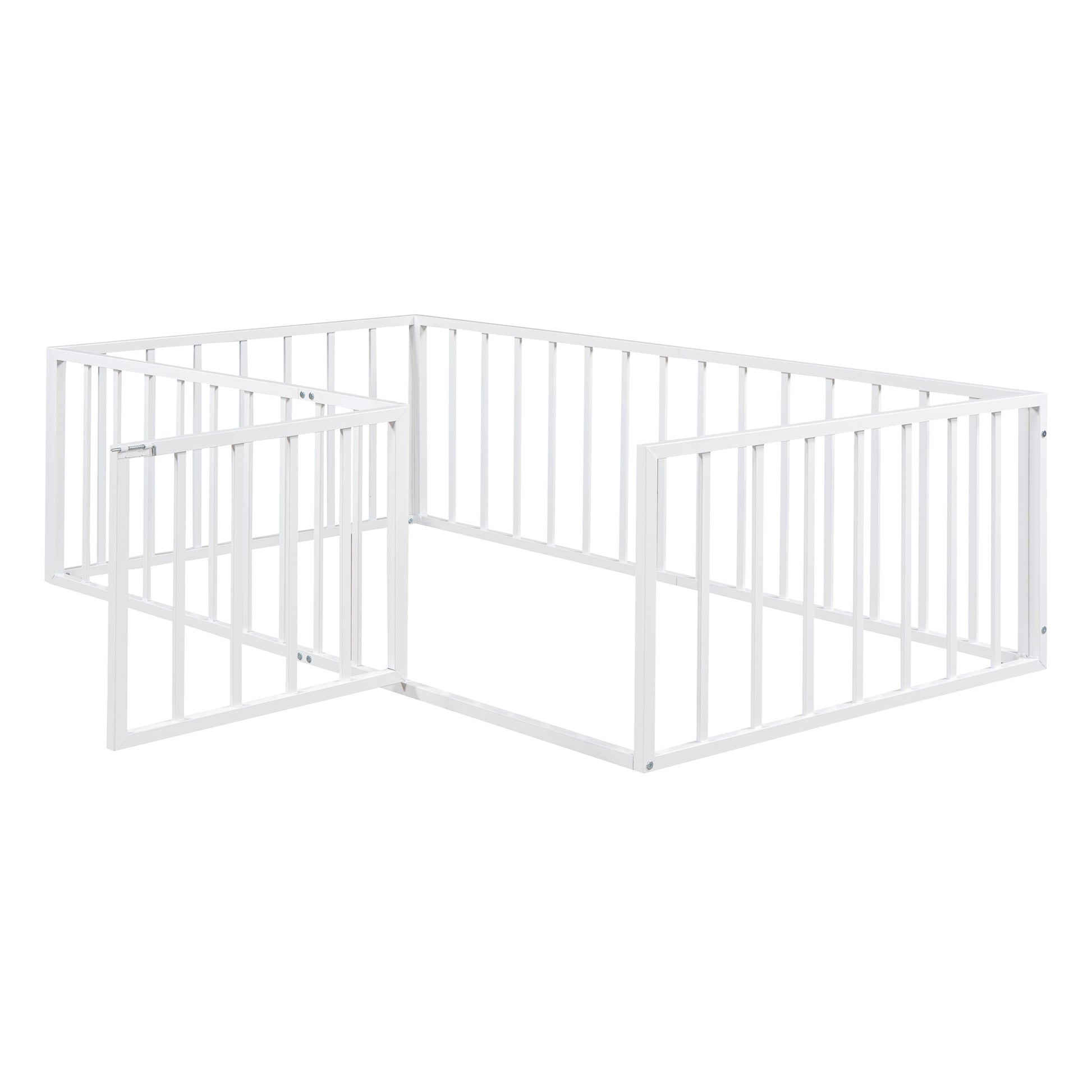 Twin Size Metal Floor Bed Frame With Fence And Door, White White Metal