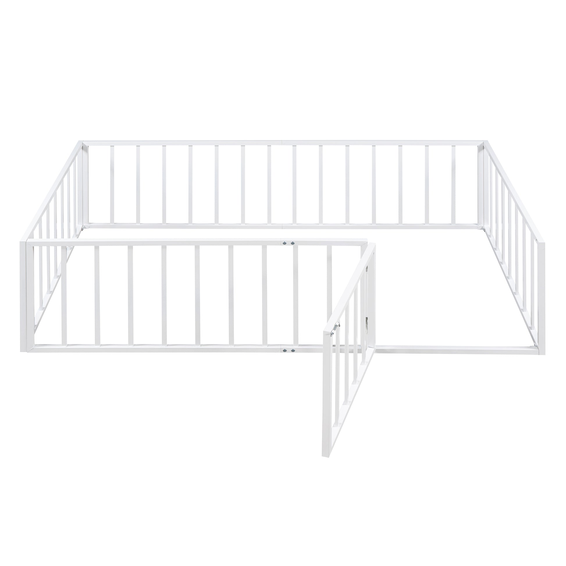 Twin Size Metal Floor Bed Frame With Fence And Door, White White Metal