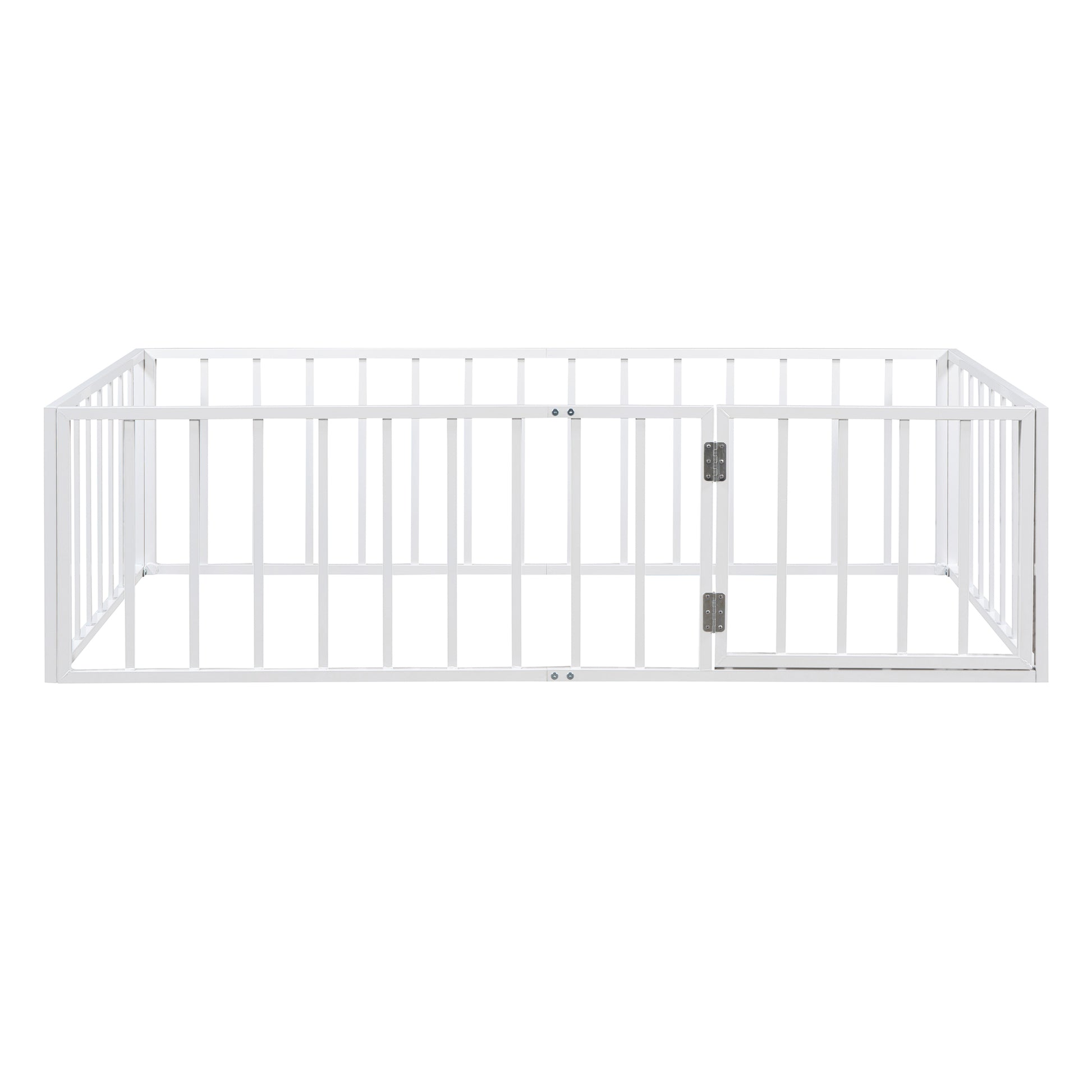 Twin Size Metal Floor Bed Frame With Fence And Door, White White Metal