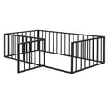 Twin Size Metal Floor Bed Frame With Fence And Door, Black Black Metal