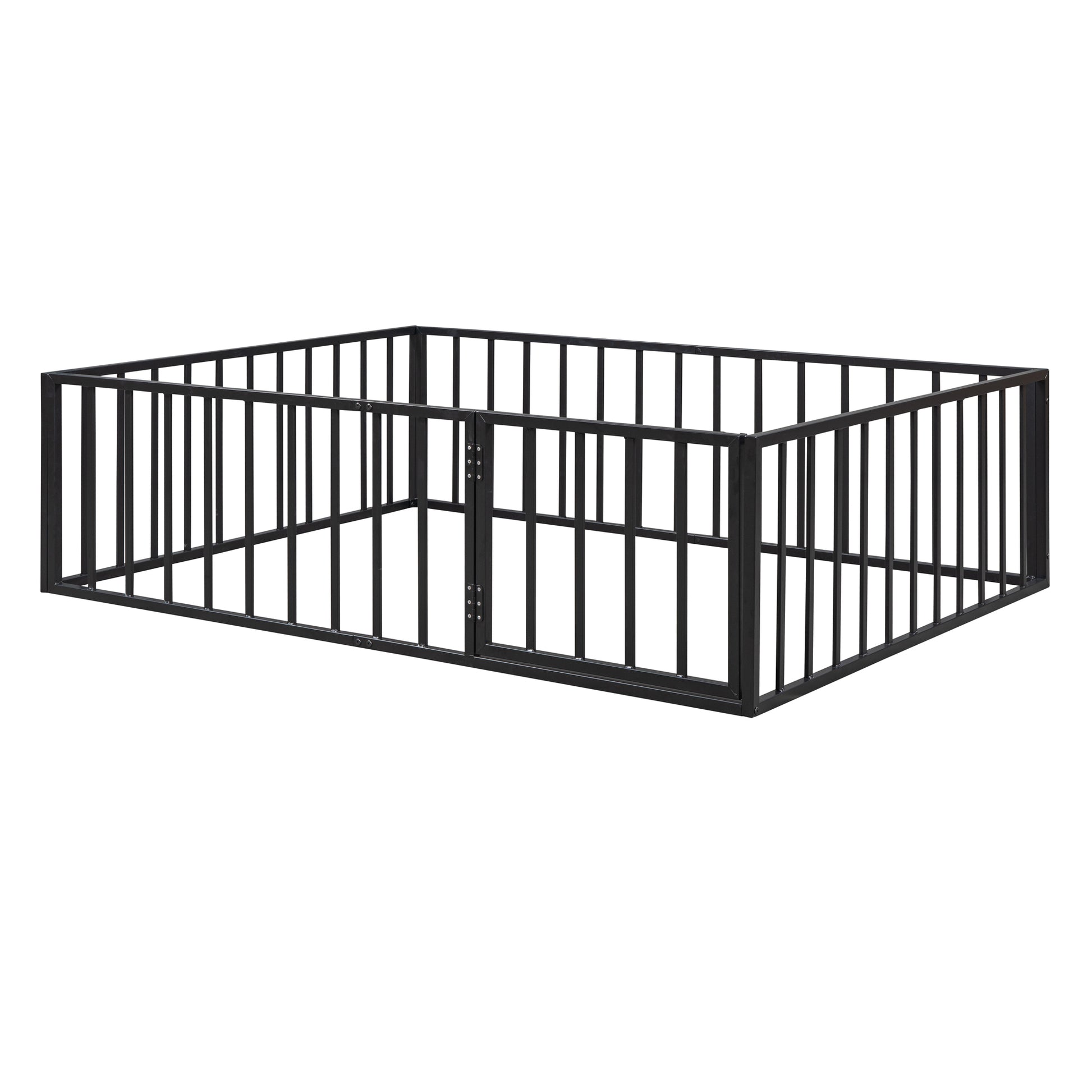 Full Size Metal Floor Bed Frame With Fence And Door, Black Black Metal
