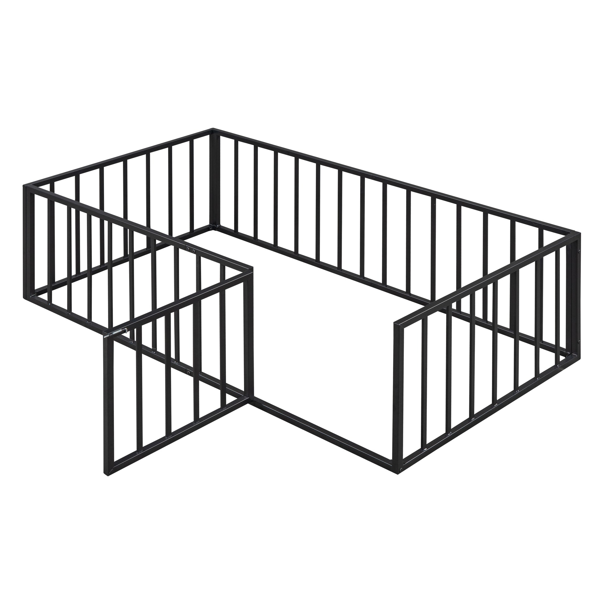 Twin Size Metal Floor Bed Frame With Fence And Door, Black Black Metal