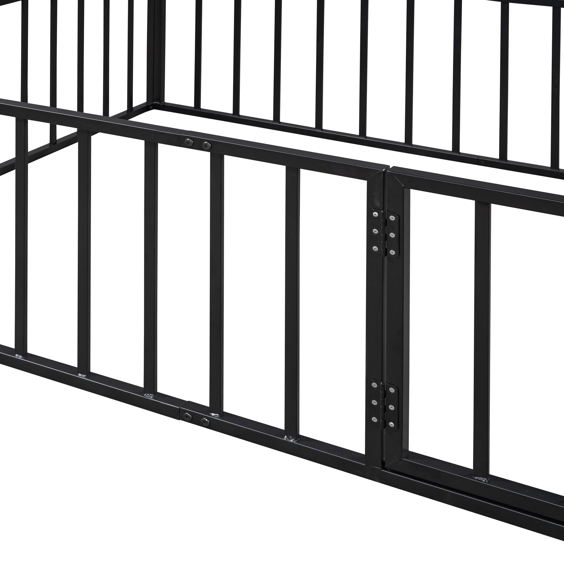 Full Size Metal Floor Bed Frame With Fence And Door, Black Black Metal