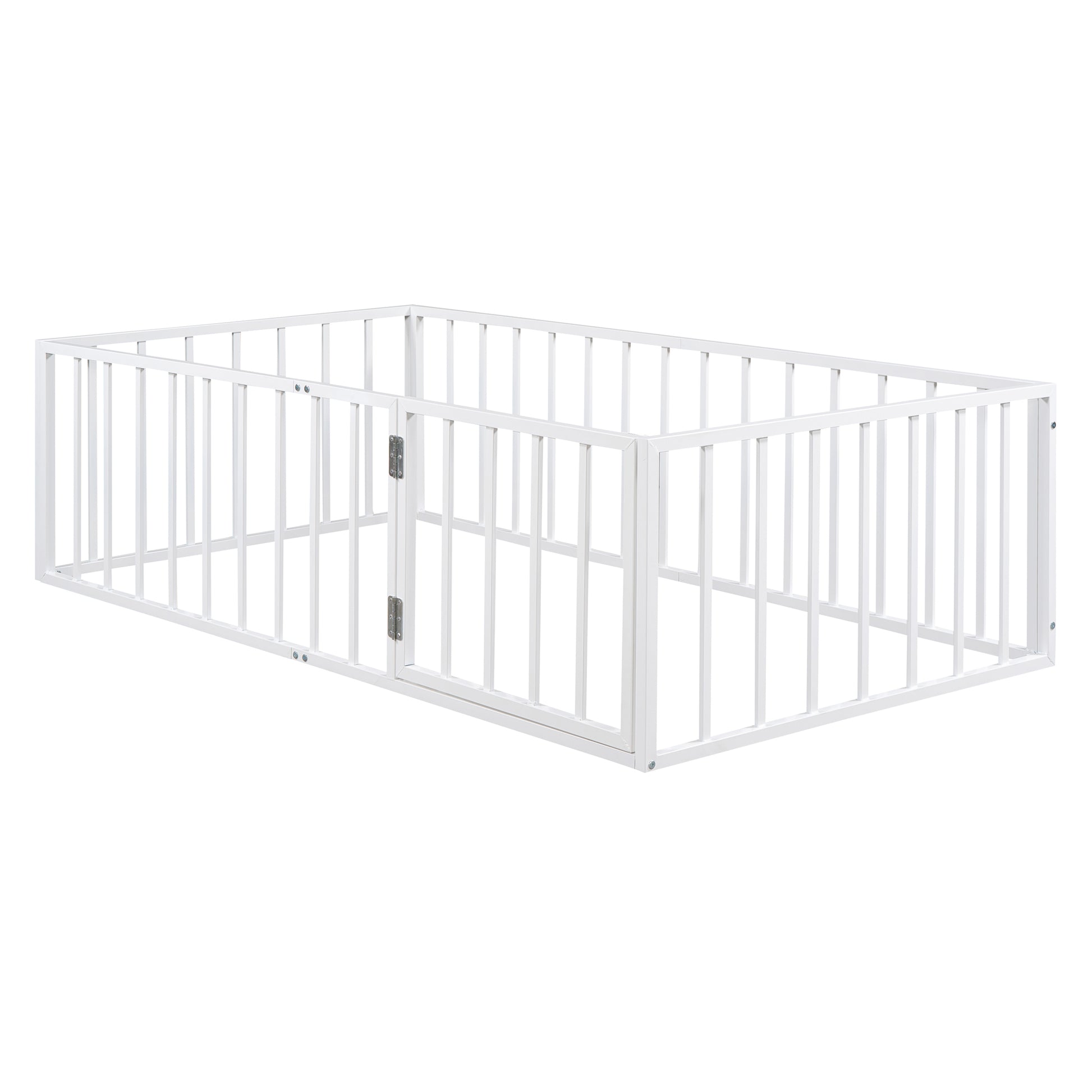 Twin Size Metal Floor Bed Frame With Fence And Door, White White Metal