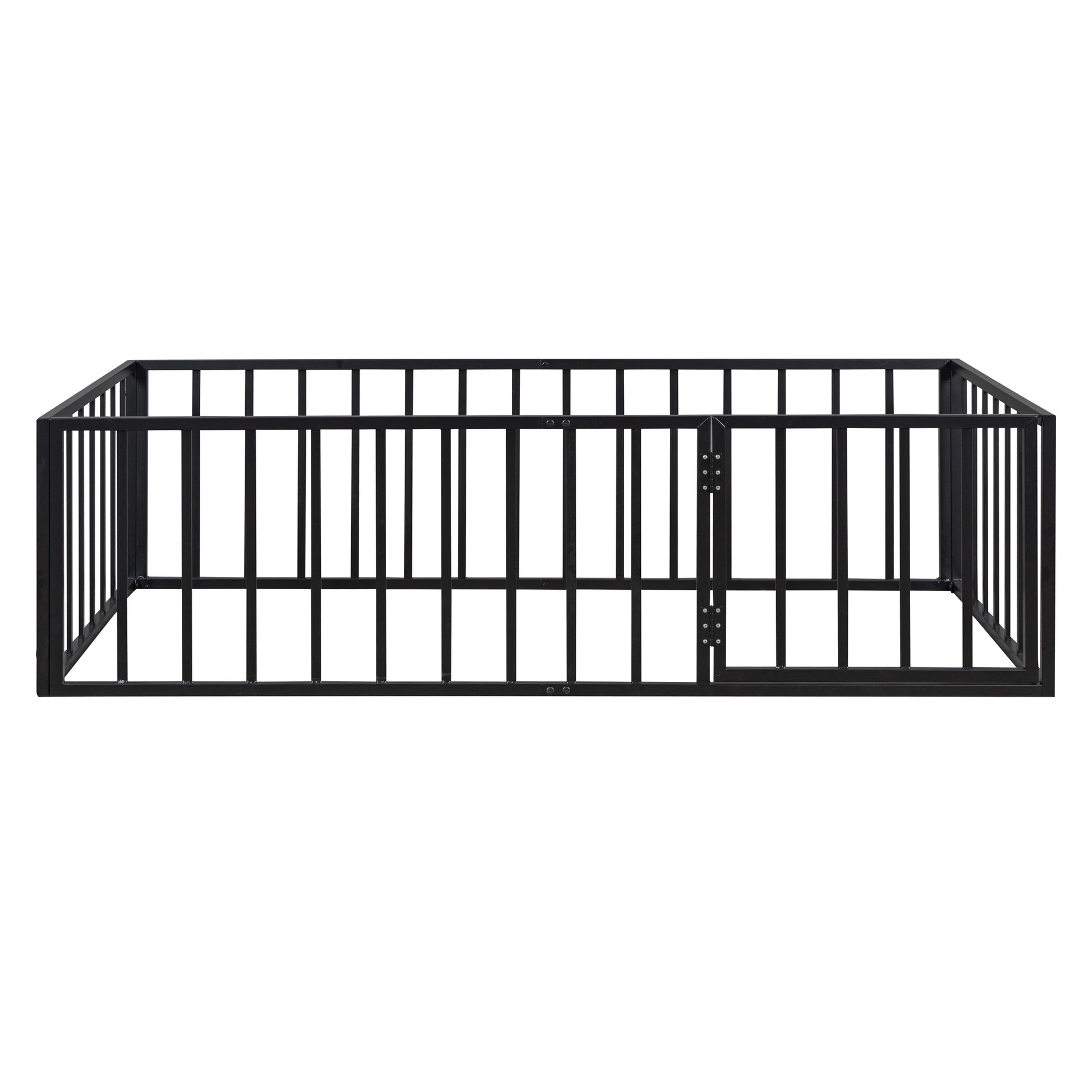 Twin Size Metal Floor Bed Frame With Fence And Door, Black Black Metal
