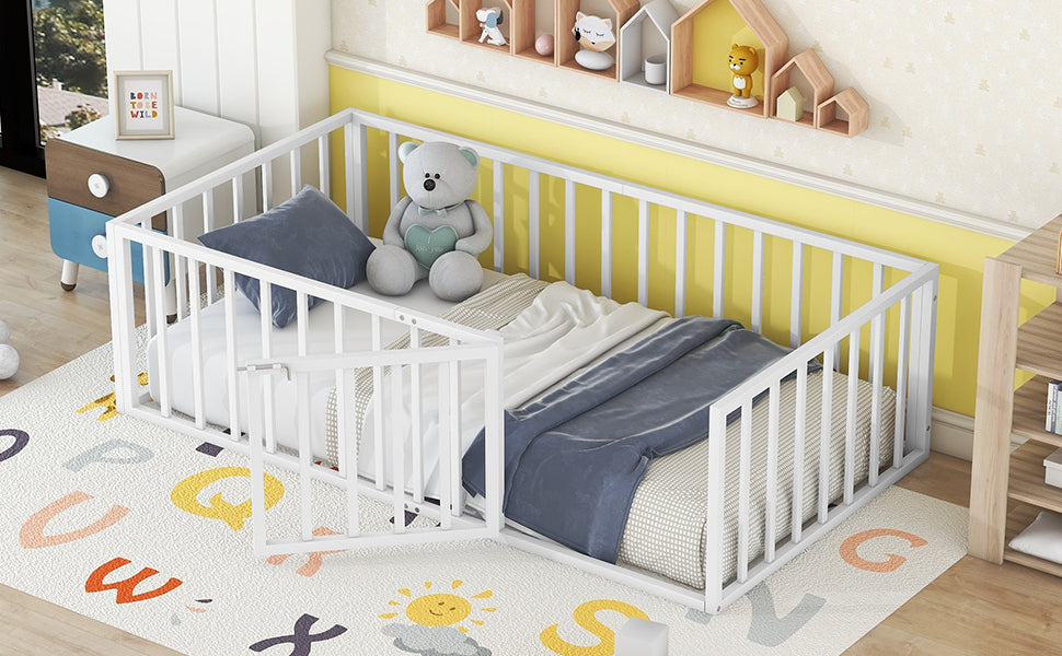 Twin Size Metal Floor Bed Frame With Fence And Door, White White Metal