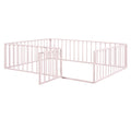 Queen Size Metal Floor Bed Frame With Fence And Door, Pink Pink Metal