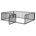 Full Size Metal Floor Bed Frame With Fence And Door, Black Black Metal