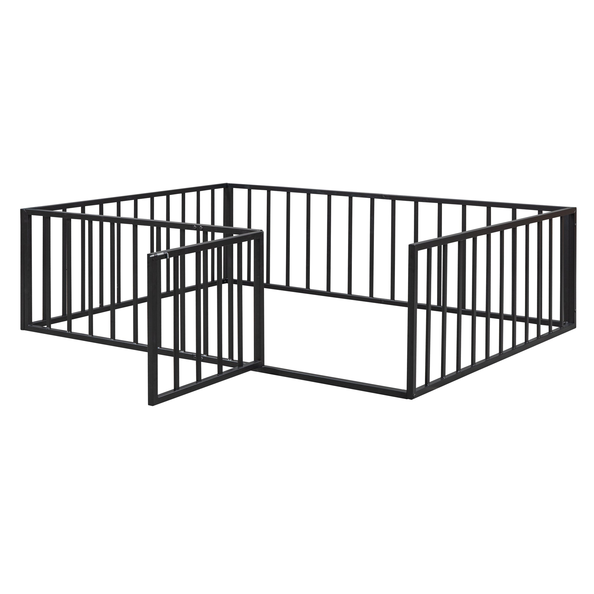 Full Size Metal Floor Bed Frame With Fence And Door, Black Black Metal