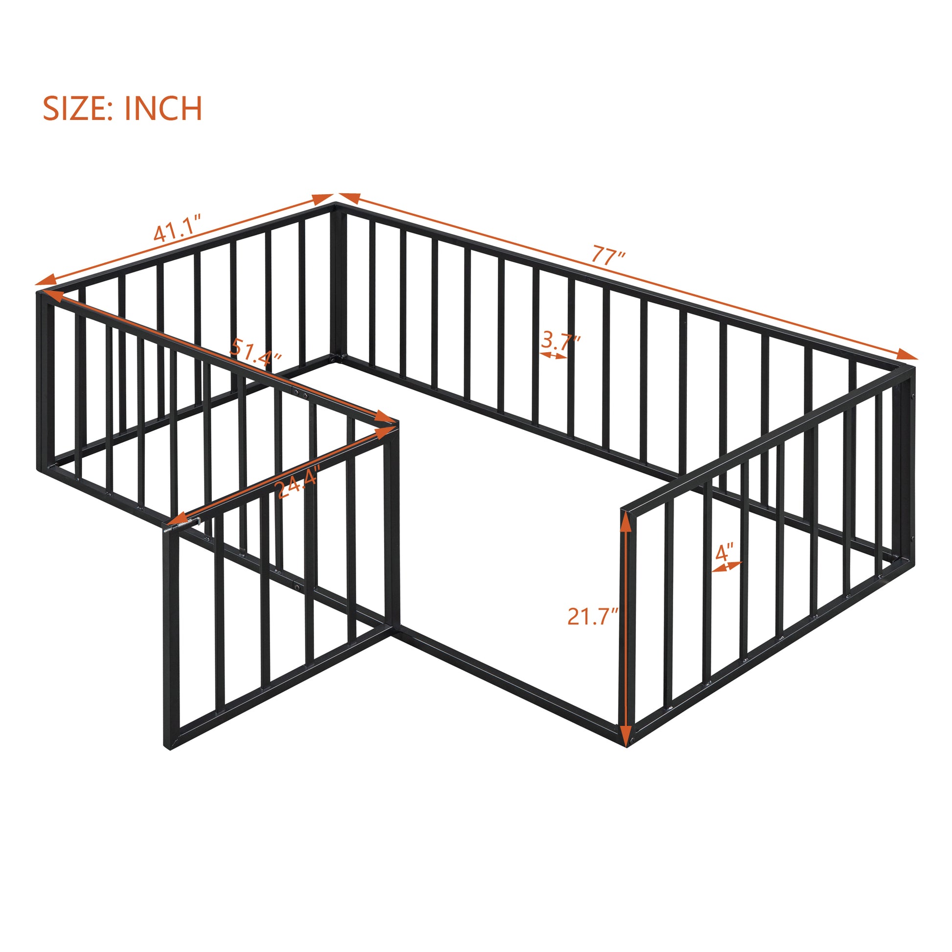 Twin Size Metal Floor Bed Frame With Fence And Door, Black Black Metal