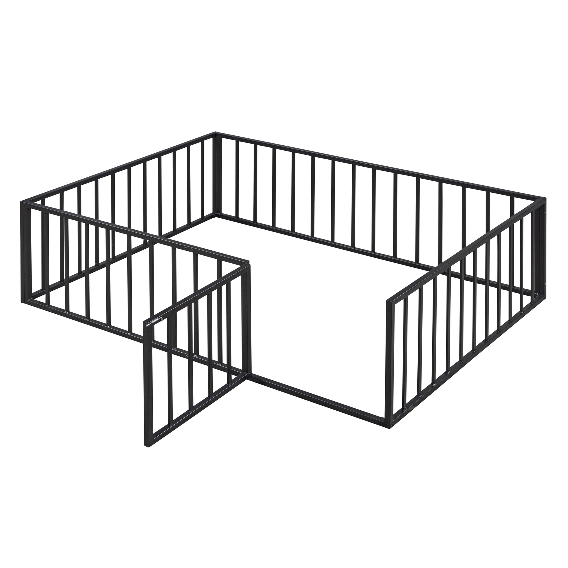 Full Size Metal Floor Bed Frame With Fence And Door, Black Black Metal