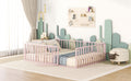 Queen Size Metal Floor Bed Frame With Fence And Door, Pink Pink Metal